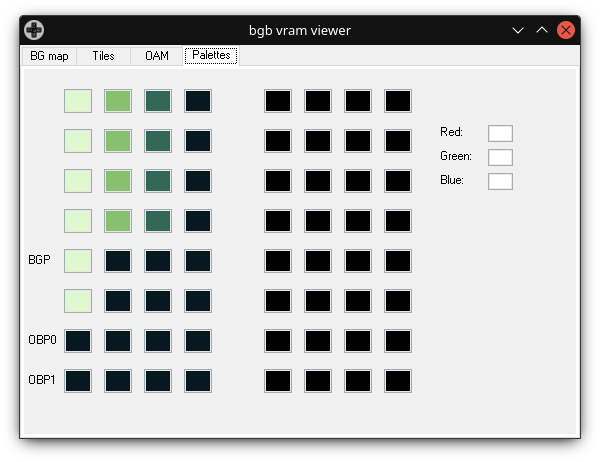 La visionneuse de VRAM de BGB qui montre les différentes palettes